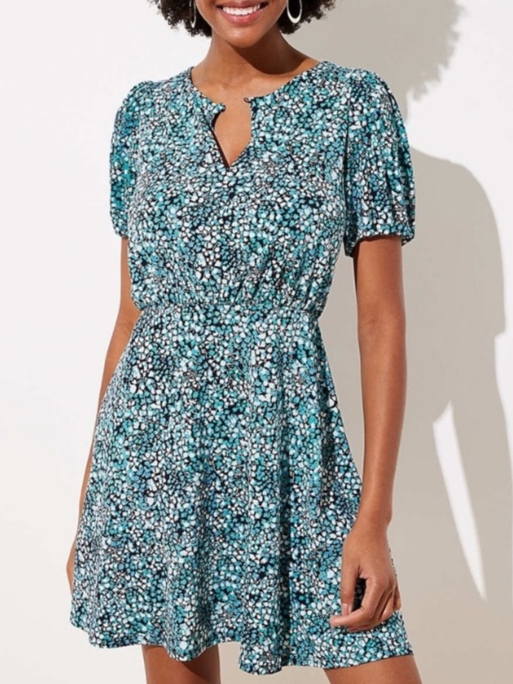 ☀️ LOFT Wildflower Puff Sleeve Flare Dress with Keyhole Neckline